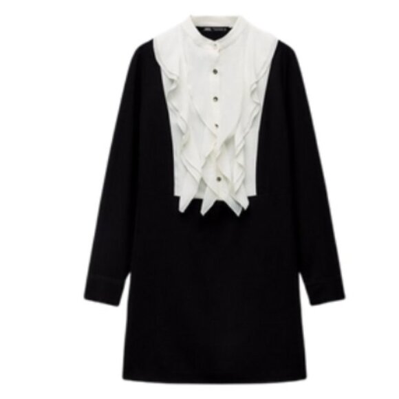ZARA Black and White Dress with Jabot Ruffle - Picture 1 of 10